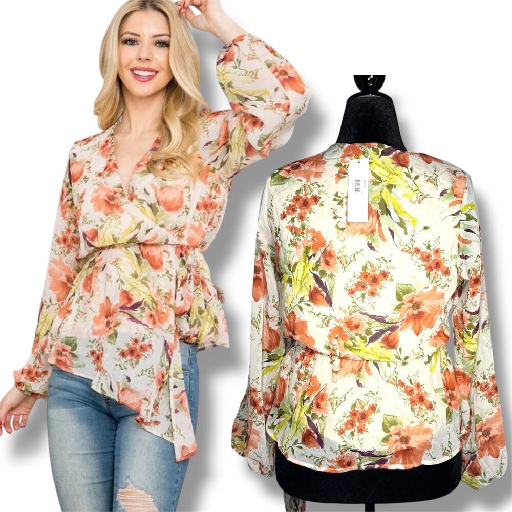167.NWT Gilli Floral Faux Wrap Blouse Size Medium